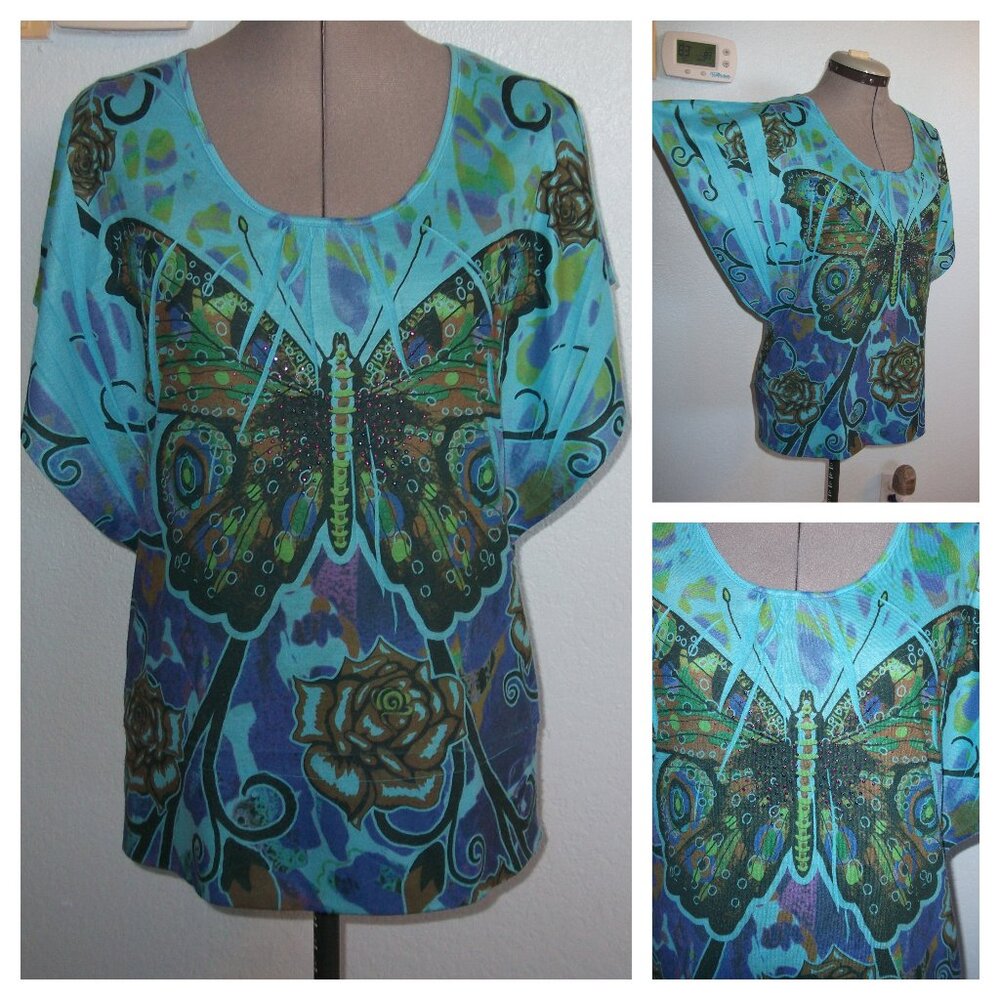 Vintage Suzie Size S Butterfly Blouse Blue Shirt Top